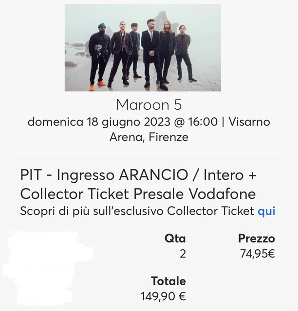 VENDO Nº 2 BIGLIETTI CONCERTO MAROON 5 FIRENZE ROCK 18 Giugno 2023