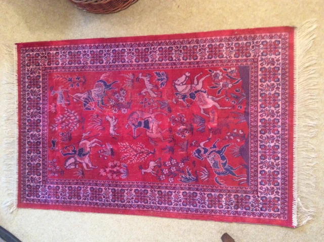 Vintage small rug Living Room Hall Bedside Mat Soft Silk Flat 68x 109cm Blue Red