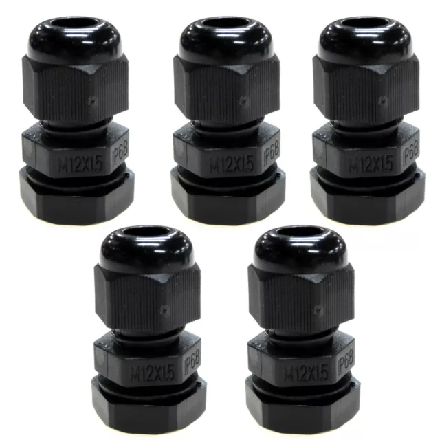 5 x 12mm Compression Cable Glands Black Waterproof IP68 M12 TRS Stuffing Gland