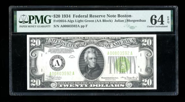 DBR 1934 $20 LGS FRN Boston Fr. 2054-Algs PMG 64 EPQ Serial A00803592A