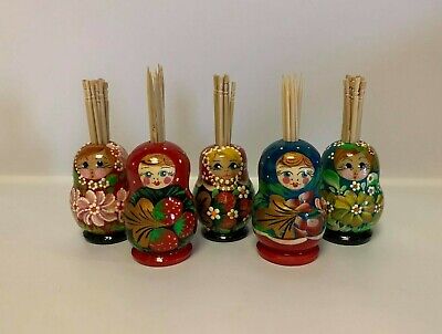 Russian Matryoshka Toothpick Holders - Set of Five (5) - Hand Painted Wood #2