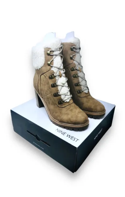 Women’s Size 9 Nine West Penni3 Lace Up Block Heel Shearling Combat Ankle Boots