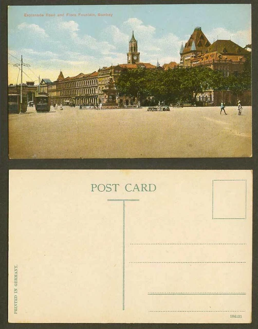 India Old Postcard Esplanade Road Floral Fountain Bombay TRAM Street Scene Clock