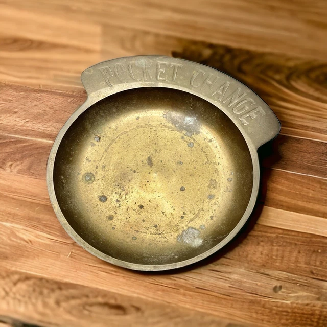 Vintage "POCKET CHANGE" Embossed Brass Coin Trinket Valet Dish