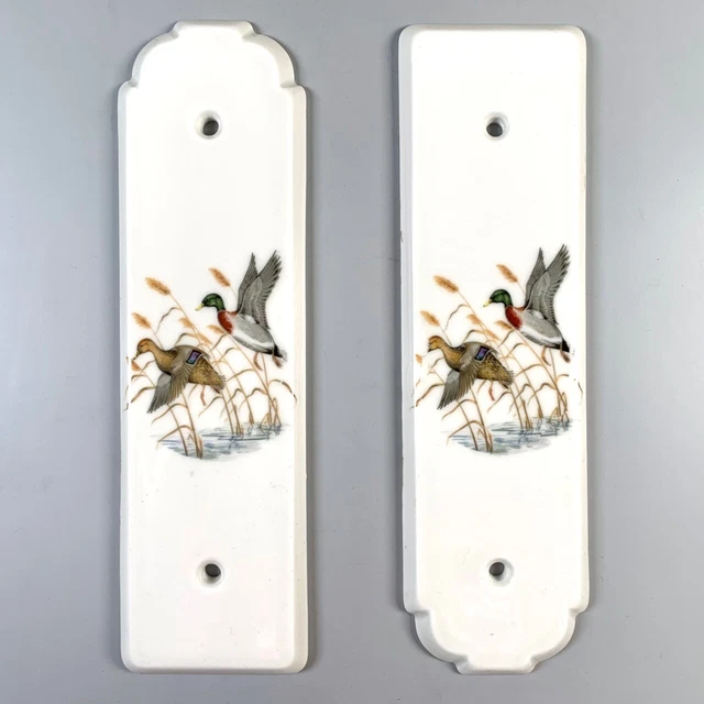 Pair of Vintage French Porcelain Door Push Finger Plates, Ducks Mallard, Signed