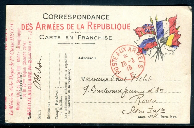 Cachet de l'Hôpital Auxiliaire n°2 de Troyes sur carte FM en 1915 pour Rouen