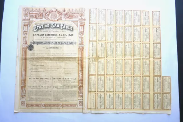 Etat De Sao Paulo Emprunt Exterieur Or 5% 1907 500 Francs Paris 1907 + Coupons