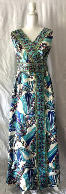 Vintage 60s Dress Maxi Sleeveless Groovy Hippie White Blue Floral Large Handmade