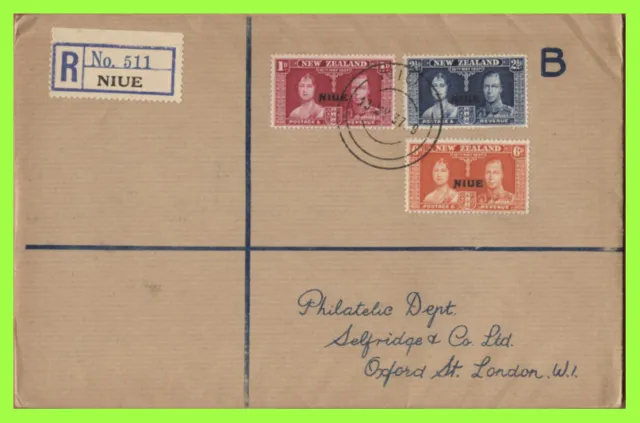 Niue 1937 KGVI Coronation set on registered Selfridges First Day Cover