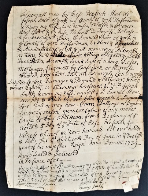 1739 antique COLONIAL handwritten DEED Joseph Mary SMITH york me Samuel SHAW