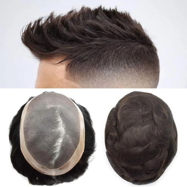 Mens Toupee Fine Mono Mens Hairpiece Poly Skin Hair System Pu Replacement Wig