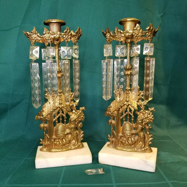 Cornelius Co. Antique Brass Bears Beehives Girandoles Candelabras Crystal Prisms