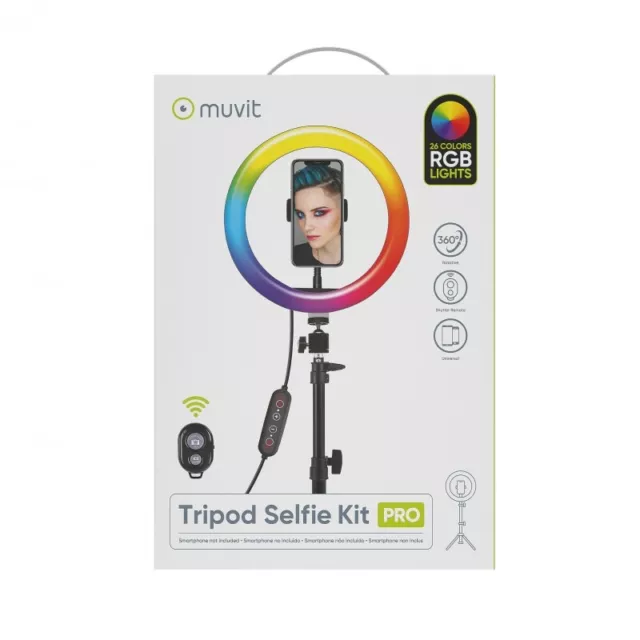 Soporte trípode Muvit 1,6M con anillo de luz 10" 26 colores.Aro selfie con mando 2