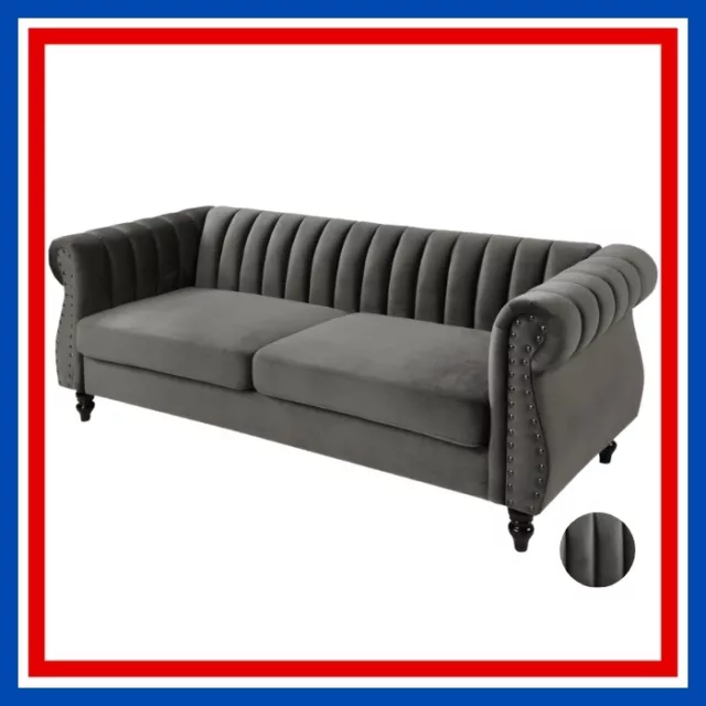 Canapé Chesterfield 3 places en velours gris clouté - H77 cm - 26 kg/m3