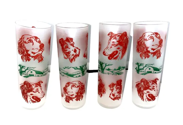 SET OF 4 Vintage Libbey Frosted Dog Drinking Glasses Spaniel, Collie, Scottie