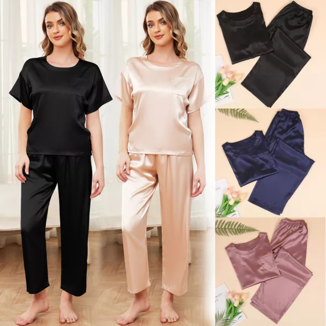 Womens Satin Pyjamas Short Sleeve Pajamas Ladies Silk Nightwear Pajamas PJS Set