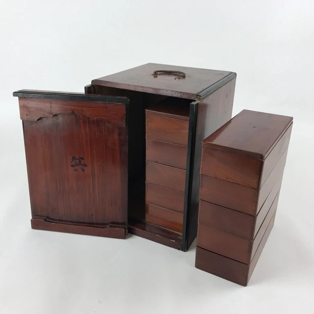Japanese Lacquerware Two Bento Boxes 5 Tiers 2 Lids Vtg Wood Storage Box LWB62