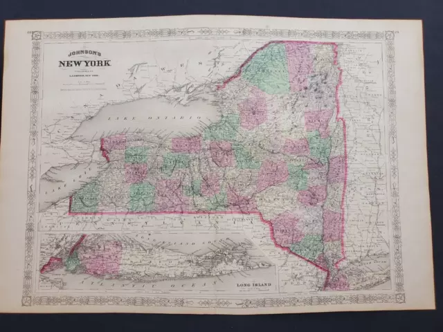1866 Johnson Atlas Map New York - Rare Full Long Island Version Large Antique