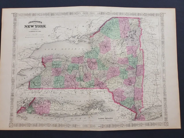 1866 Johnson Atlas Map New York - Rare Full Long Island Version Large Antique
