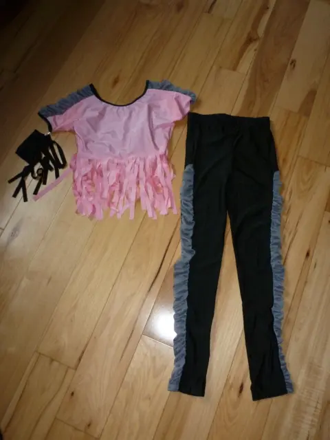 Pink Shirt & Black Pants with Fringe Armband Size LC 10-12 Dance Costume NWOT