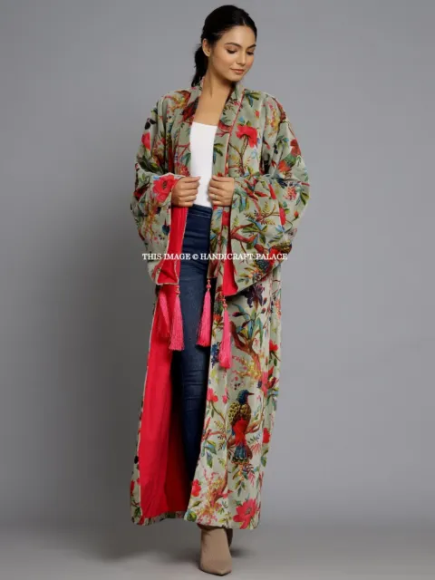 Luxury Velvet Fringe Jacket Coat Kimono Duster Bird Printed Kimono Long Jacket