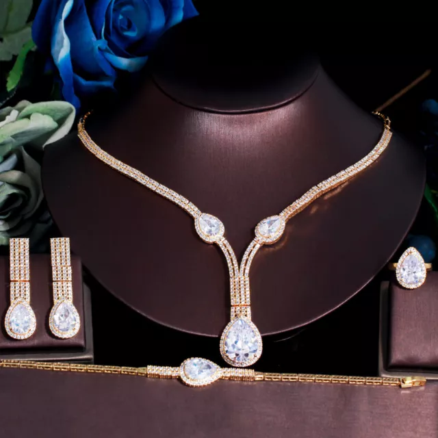 4pcs Stunning Big Pear Cut Zircon Gold Plated Women Wedding Banquet Jewelry Set 3