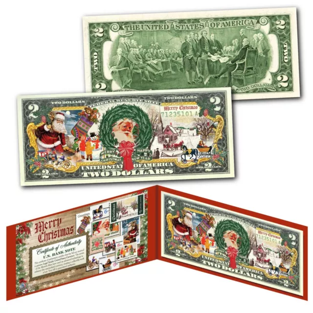 MERRY CHRISTMAS Postage Stamp Themed Holiday Legal Tender US $2 Bill XMAS Santa