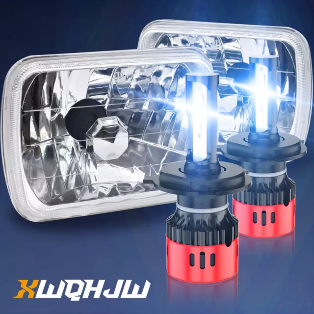 Pair 4x6" Headlights White LED Halo Clear Lens Diamond Cut Glass Headlamp
