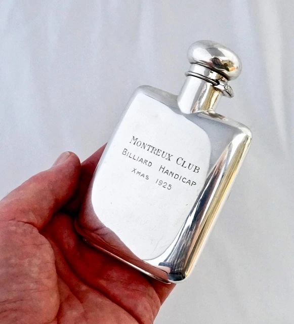 .800 Swiss Solid Silver Hip Flask Trophy. Montreux Club Billiards Prize 1925.