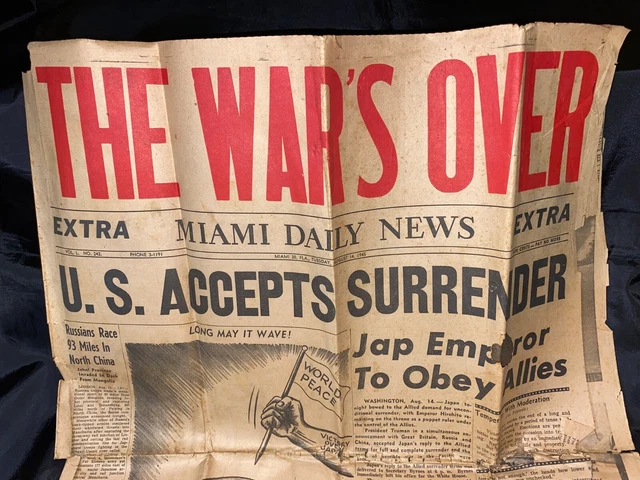 WORLD WAR II VJ Day Newspaper Headline from Miami News 1945 £15.06 ...
