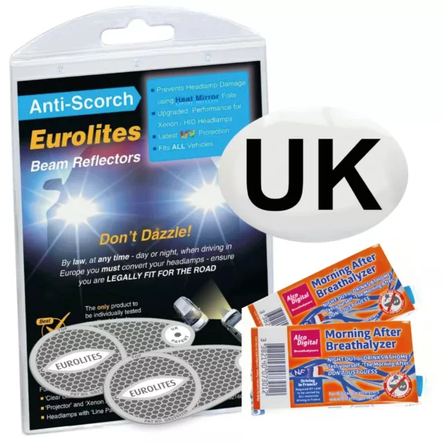 3 Piece European Car Travel Kit - Eurolites Beam Reflector Breathalyser UK Plate