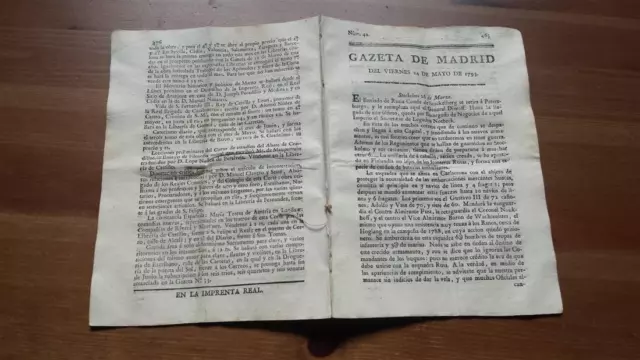 1793 Gazeta de Madrid Núm 42 Viernes 24 Mayo Philadelphia Liorna Cadiz Bolonia