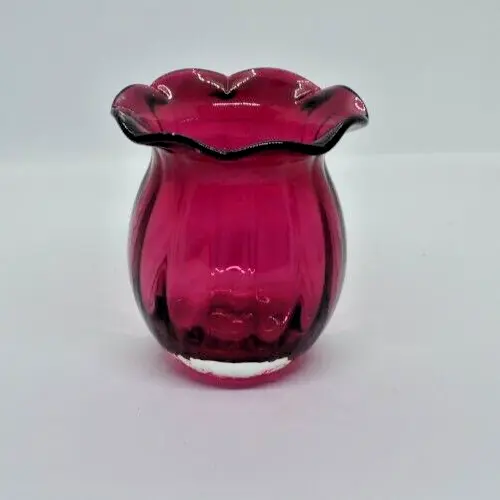 Cranberry Art Glass Vase Ruffled Edge Ribbed Pilgrim Glass