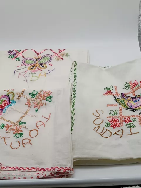 3 Hand Embroidered Flour Sack Dish Towels Fri/Sat/Sun Butterfly Small Spots