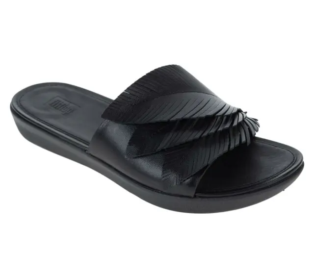 FitFlop Sola Feather Black Leather Slide Sandals Soft Comfy US 9 EU 41 NIB $120