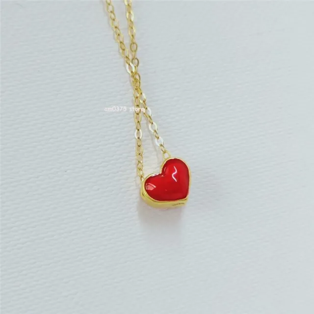 1pcs Real 24k Yellow Gold For Women 3D Red Loving Heart Pendant 18K Chain 18inL