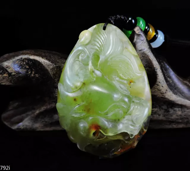 100% Natural Hand-carved Jade Pendant Jadeite Necklace fish dragon 792i