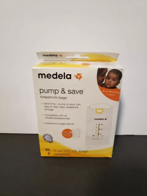 Medela Pump & Save Breastmilk Bags (20 count w/2 adapters) New/Sealed Box