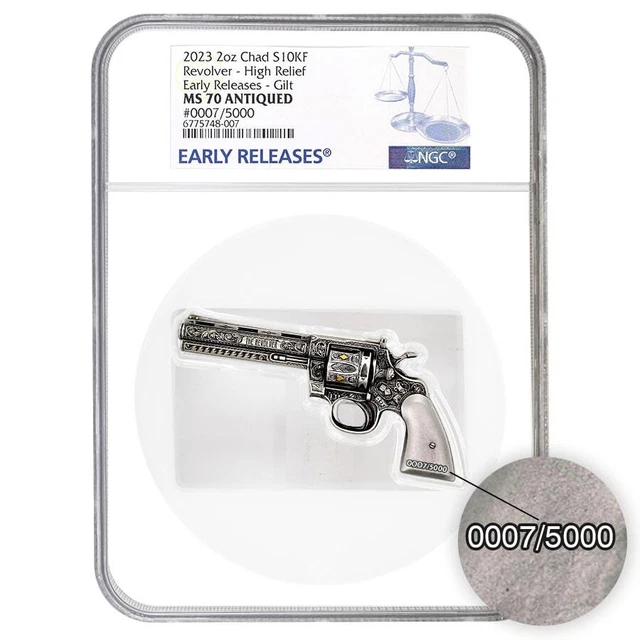 2023 CHAD 2 oz Silver Revolver Gun Coin Serial 7 NGC MS 70 ER Shaped