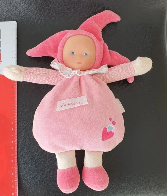 Poupée doudou Corolle Grelot Hochet Rose Cœur 2012 Bleu Fleur Bonnet Collerette