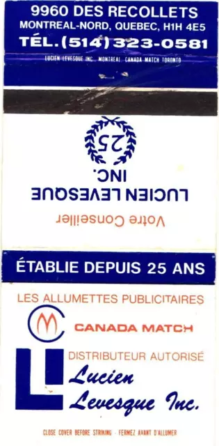 Montreal Quebec Canada Lucien Levesque Inc., Distributor Vintage Matchbook Cover