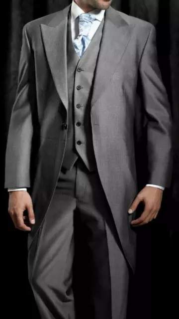 Mens Silver Grey Wedding Evening Formal Suit Jacket Tailcoat Ascot Morning