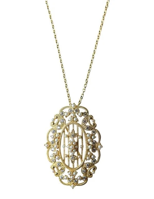 Victorian Trading NWD Sterling Gold Plt Seed Pearl Filigree Necklace Brooch 28P