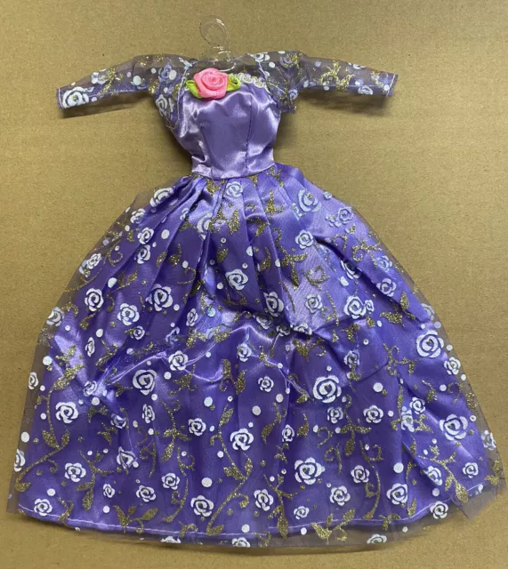 Glitter Flowers Purple Lilac With Sleeves For Dolls Ball Gown Dress Uk Seller