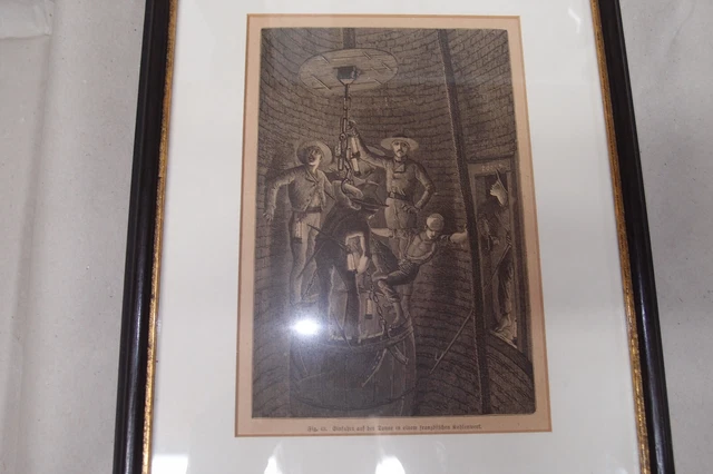 Antiker Stich Bergbau, " Einfahrt auf der Tonne in einem franz. Kohlewerk", TOP 3