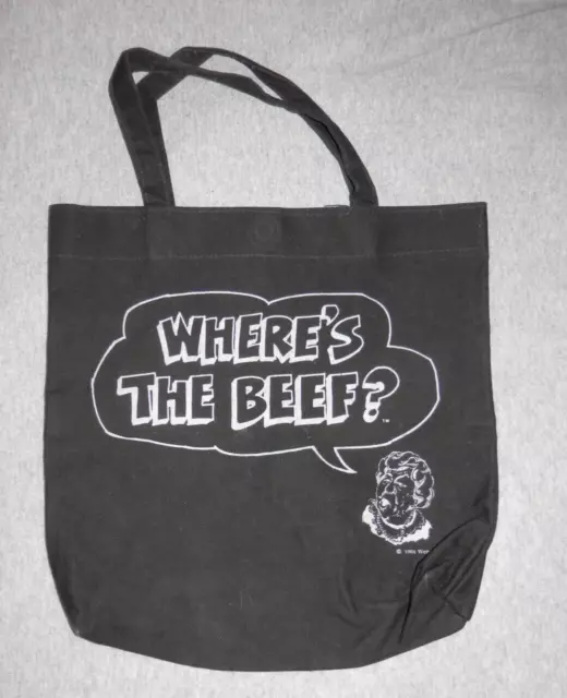 Vintage 1984 Wendys Where’s The Beef? Tote Bag - Black Canvas Plastic Lined 11"