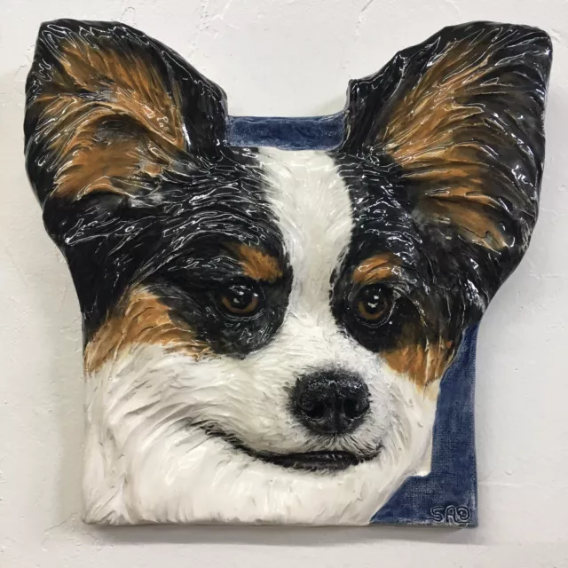 Papillon Ceramic dog tile bas-relief handmade sculpture by Sondra Alexander Art