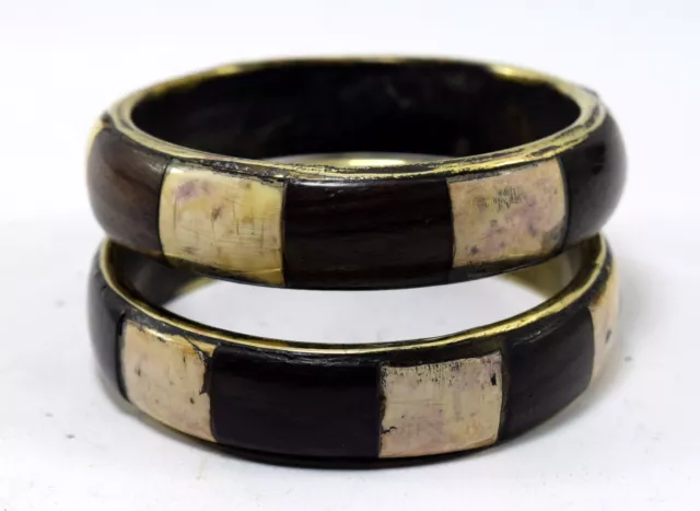 Pair Of Vintage Indian Brass Bangle Mosaic Wood Ivr Inlay Bracelet. i8-41 3