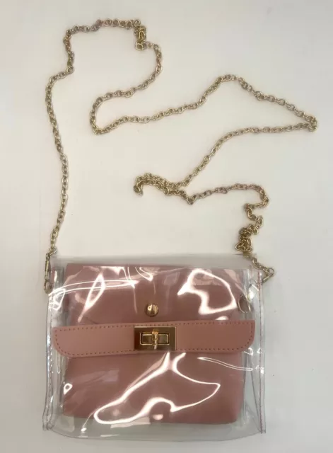 New Transparent Clear Pink Crossbody 2 In 1 Bag, Gold Chain, Removable Inner Bag