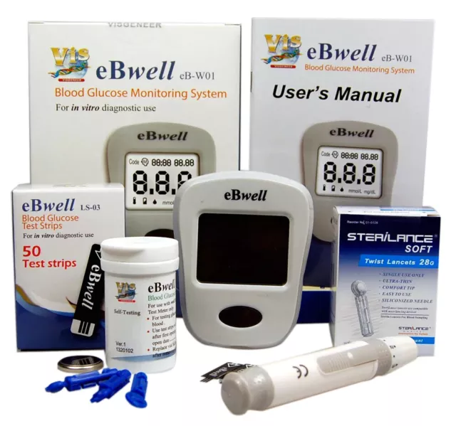 eBwell BLOOD GLUCOSE METER + 50 Glucose Strips & Lancets UK mmol/L Display